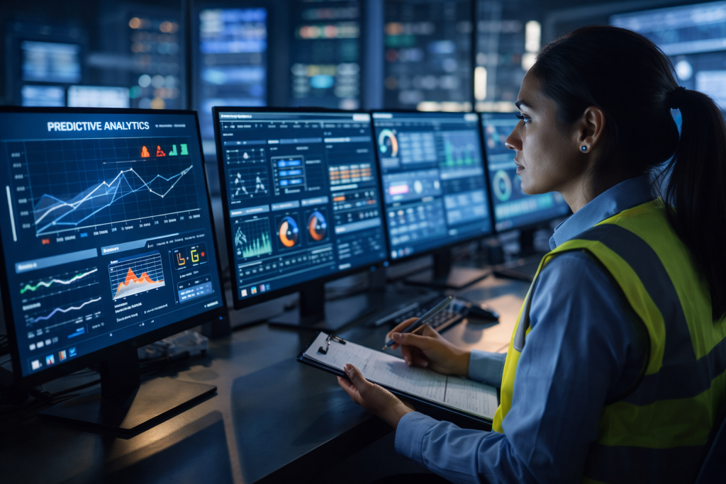 Analyst in a control room reviewing predictive analytics dashboards across multiple monitor
