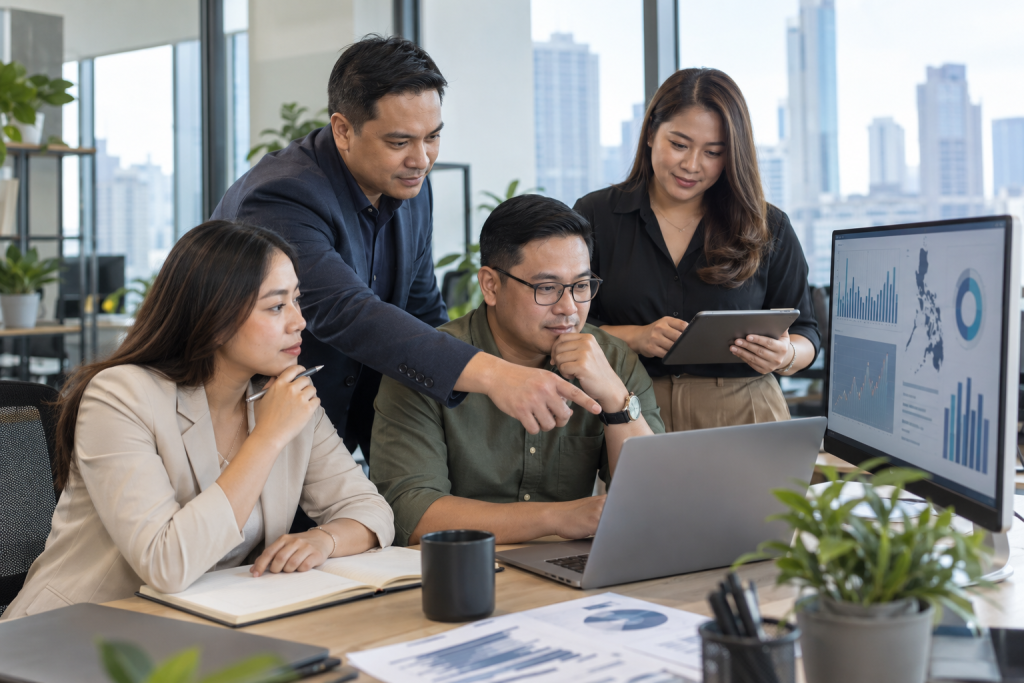 Legal and corporate team reviewing outsourced compliance and analytics data together in an office