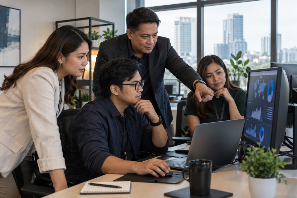 Legal and business team reviewing contract review outsourcing data on screen during a meeting