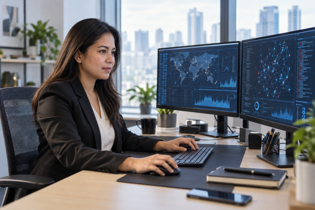 Woman in business attire analyzing legal and compliance data dashboards on dual monitors in a modern office