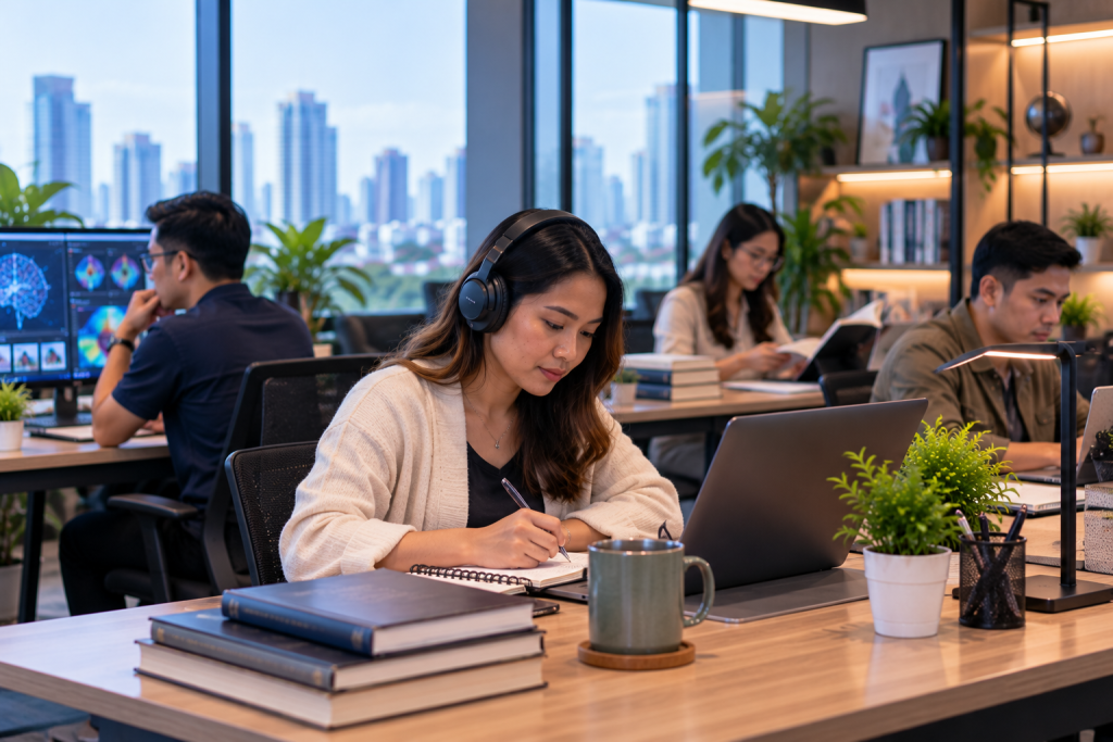Philippine KPO industry professional working on her desk,