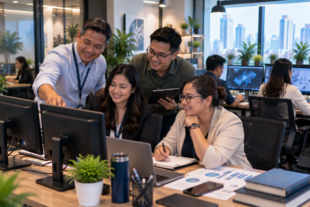 Team of colleagues reviewing data on computer screens together in a modern office
