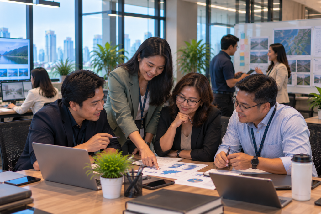 Team discussing KPO service categories in an office setting