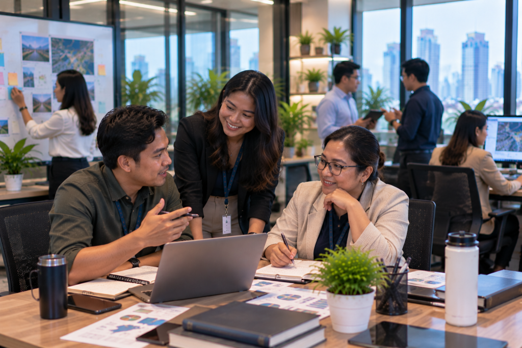 Colleagues collaborating at a laptop in an open office, reflecting how AI in KPO is reshaping talent roles and teamwork