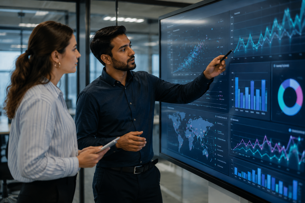 Engineers reviewing technical data dashboards and schematics on dual monitors in an industrial workspace