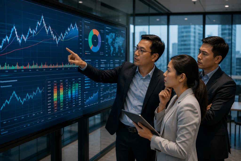 Business team reviewing financial data dashboards while evaluating KPO vendor model options in the Philippines