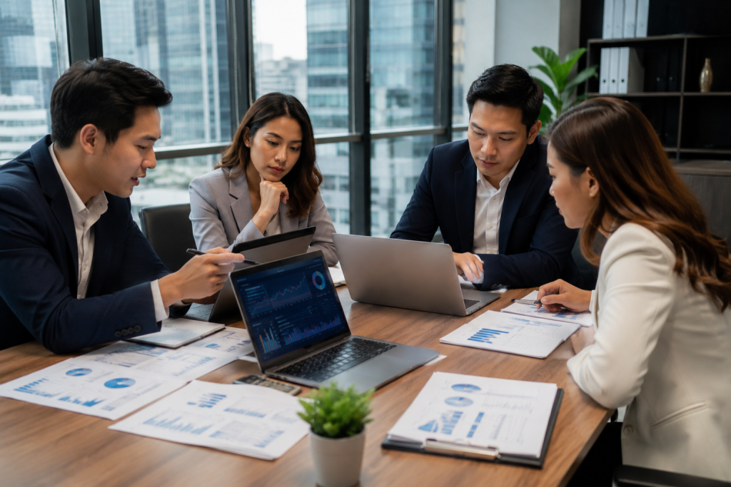 Research process outsourcing team conducting literature review and analysis