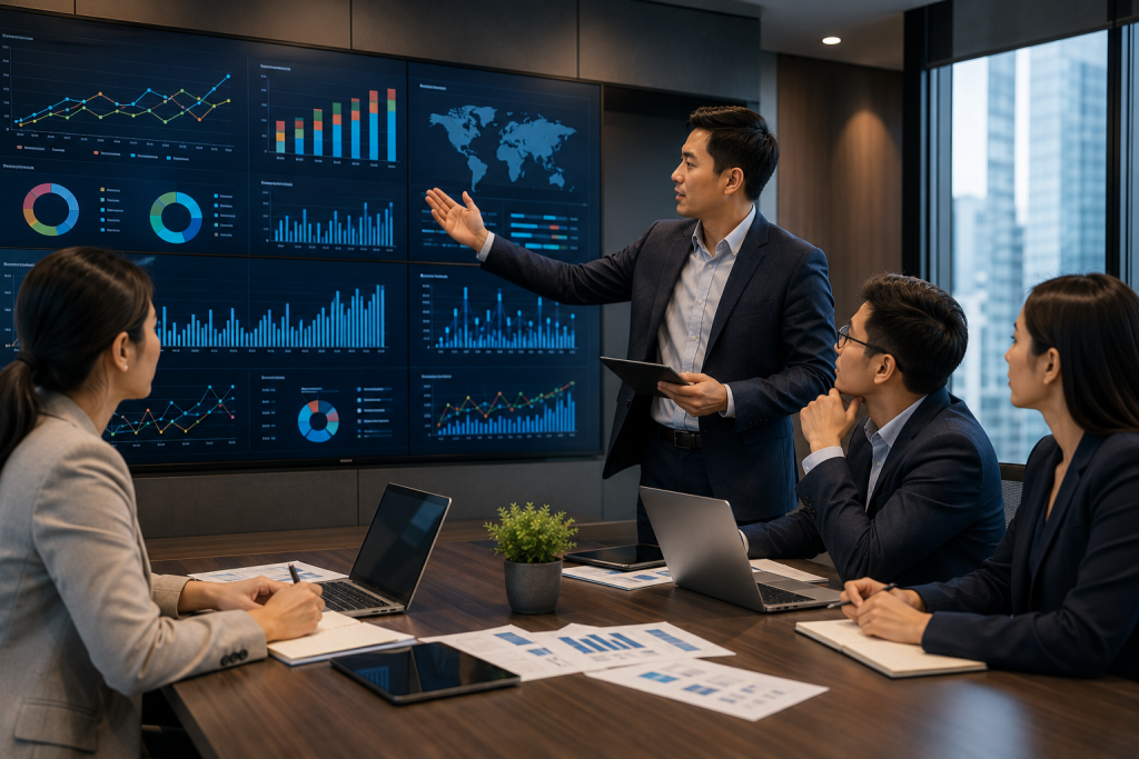 Team reviewing global data dashboards, illustrating where AI in KPO still falls short in judgment-heavy knowledge work