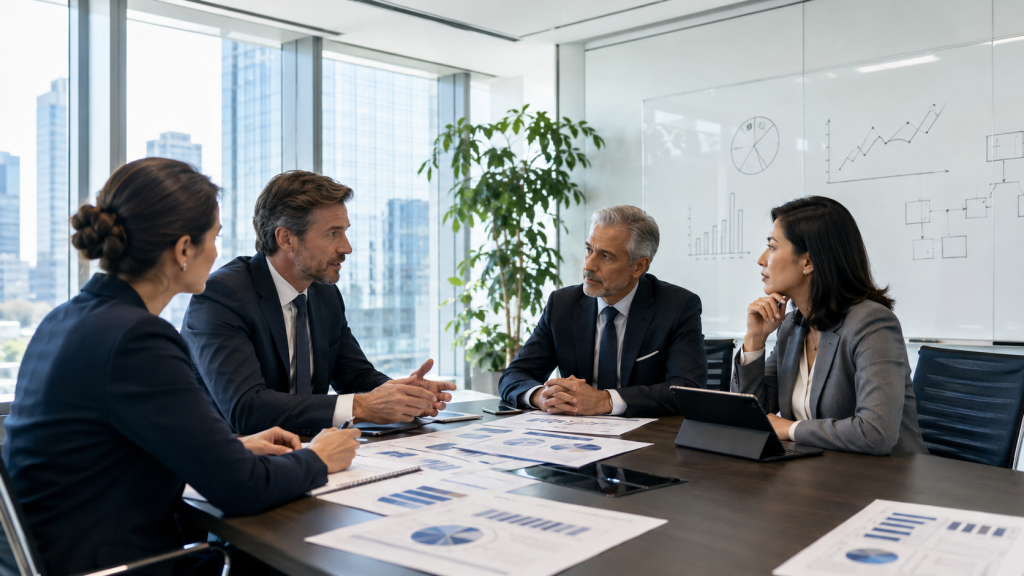Corporate team discussing charts and reports in a modern conference room