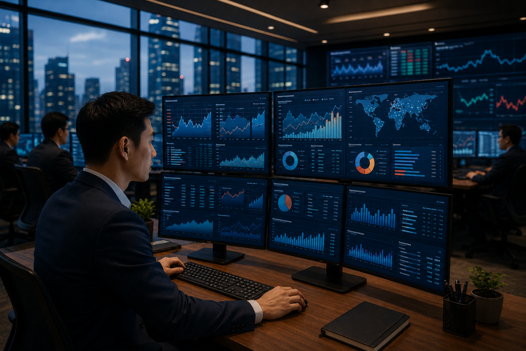 Analyst reviewing multiple data dashboards at a desk, a good way of how to choose a a KPO vendor in the Philippines