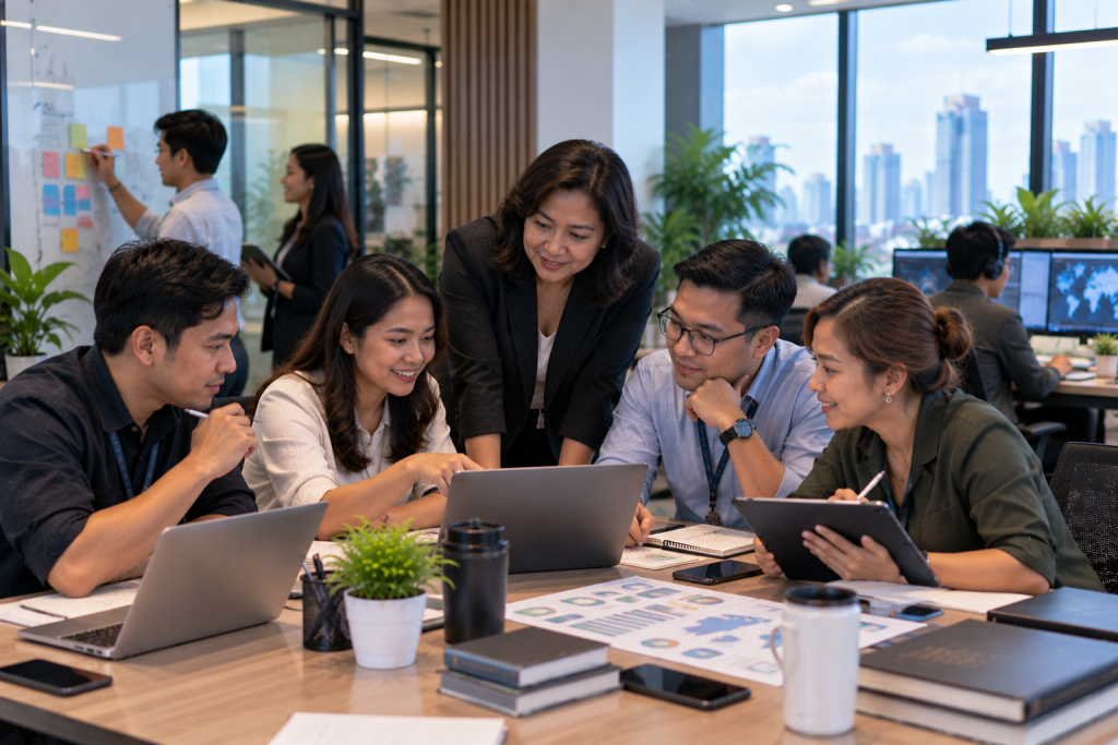 KPO team collaborating around laptops and reports while evaluating an abstracting services provider engagement