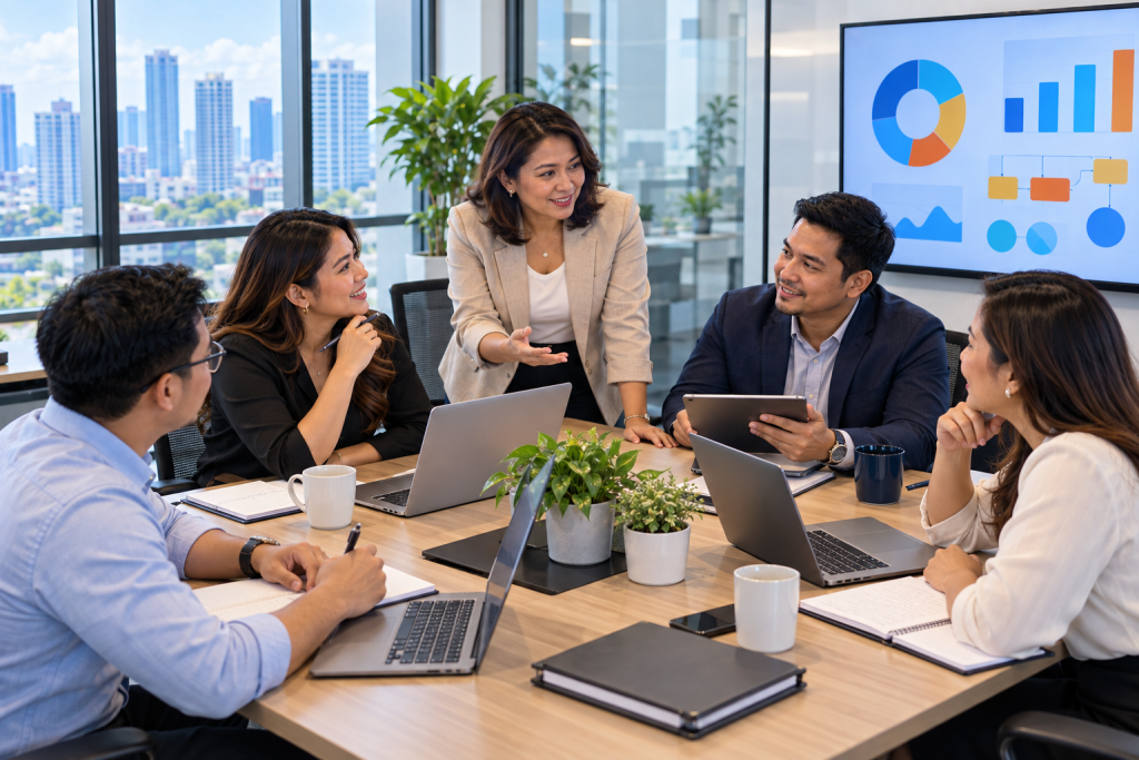 Team meeting around a conference table discussing common misconceptions about an abstracting services provider