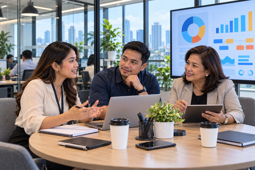 Team discussing data security and confidentiality standards for an abstracting services provider around a conference table