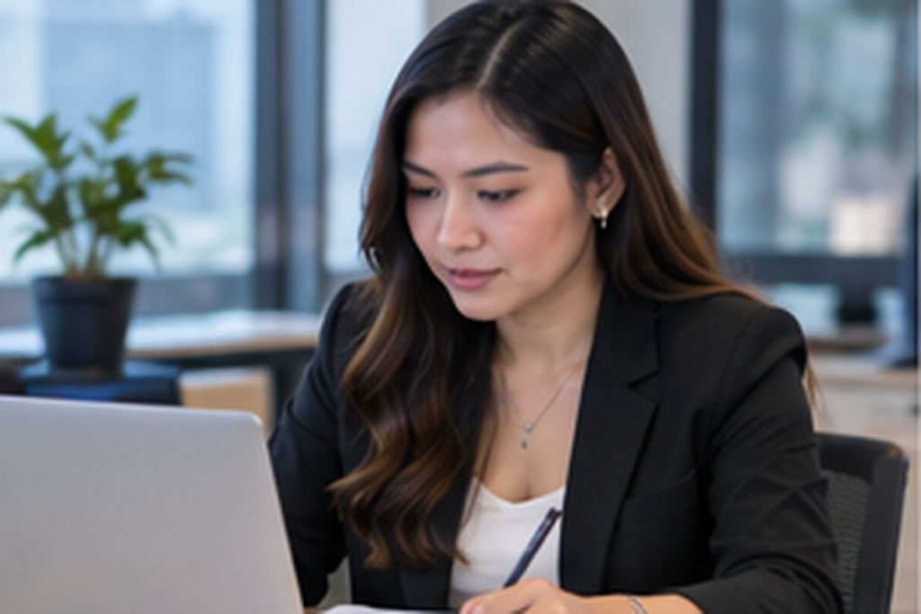 KPO analyst working at her laptop, reviewing client deliverables
