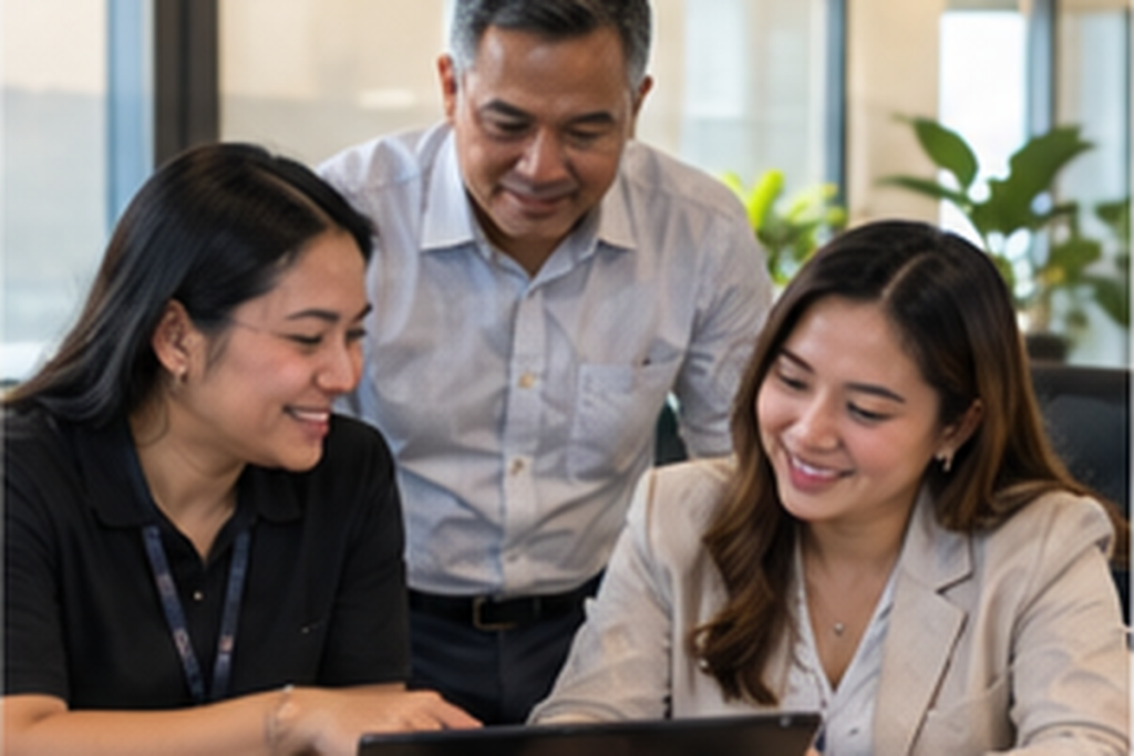 KPO analysts and a senior team member reviewing work on a laptop together in an office