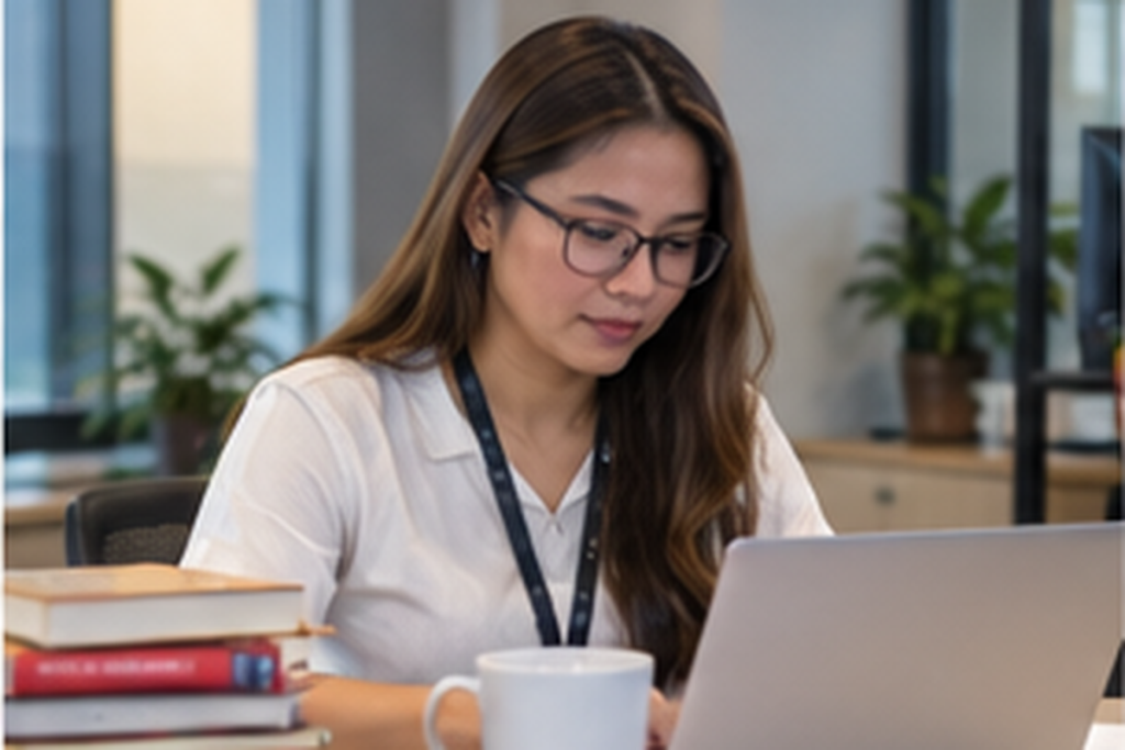 KPO analyst reviewing reference materials and working on a laptop at her desk