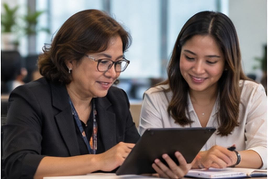 Senior KPO reviewer checking work quality with an analyst on a tablet