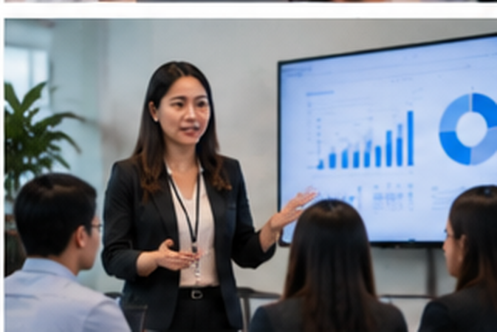 KPO analyst presenting financial data and analytics charts to colleagues