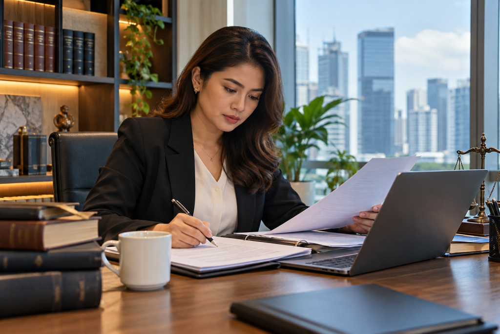Legal process outsourcing analyst reviewing contract documents at her desk