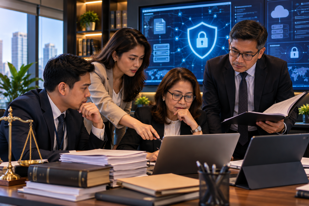 Legal process outsourcing team reviewing data security protocols for client information