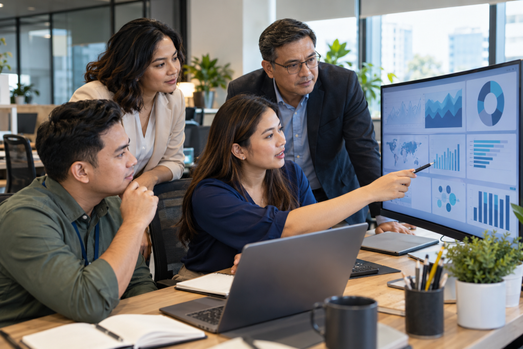 Team reviewing legal process outsourcing vendor performance data together