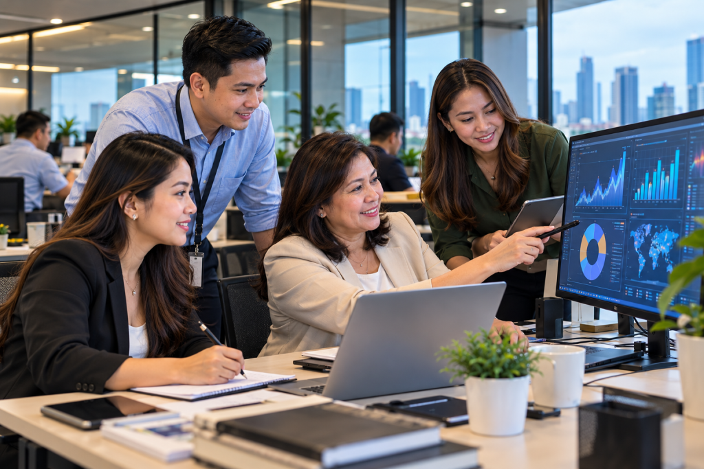 Colleagues gathered around a laptop and monitor reviewing data dashboards, illustrating KPO versus BPO for an abstracting services provider