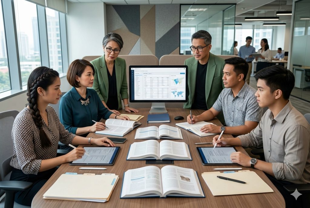 Indexing services company team reviewing books, documents, and database records around a conference table