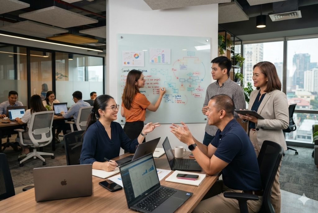 Team mapping indexing categories and classification workflows on a whiteboard in an office
