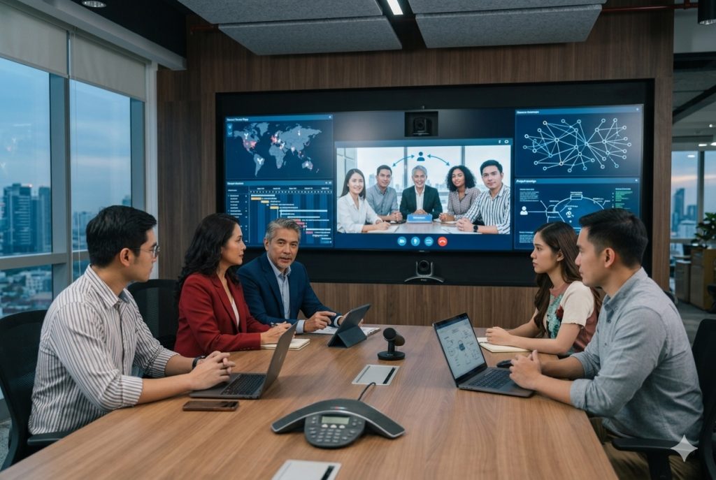 Team on a video call with a remote vendor discussing indexing project scope and pricing