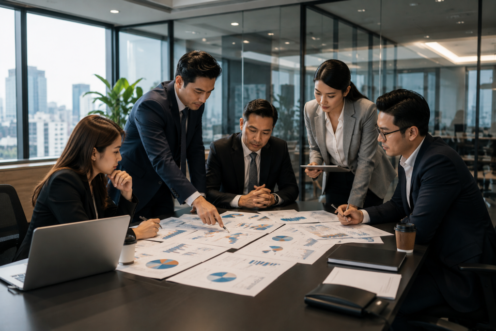 Research process outsourcing team reviewing printed market charts around a conference table