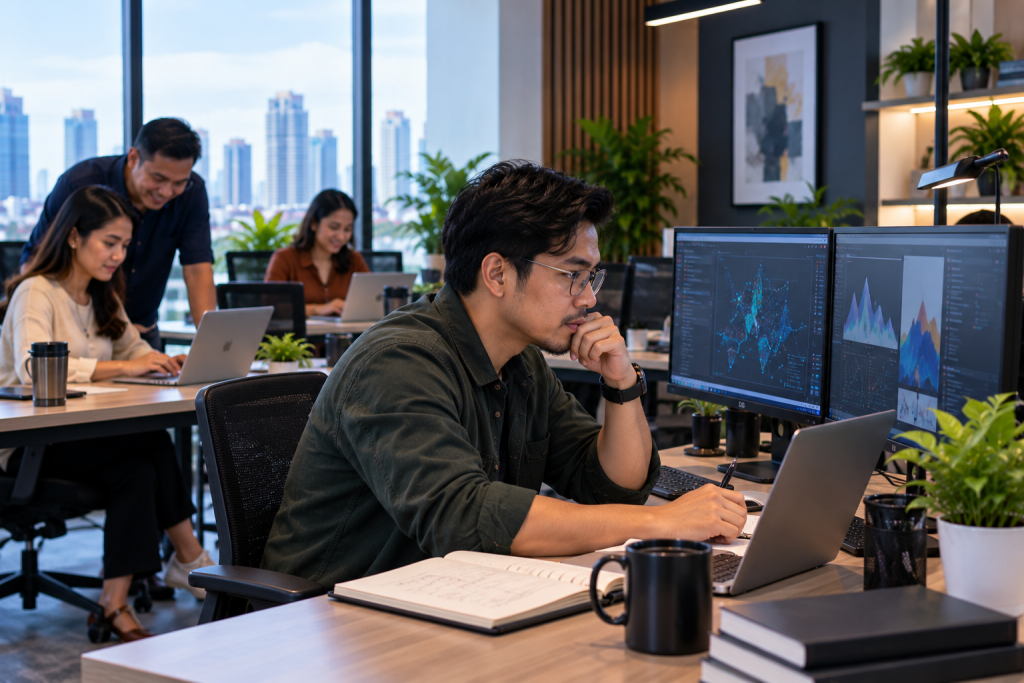 Analyst studying network graphs and trend charts on dual monitors while colleagues work in the background
