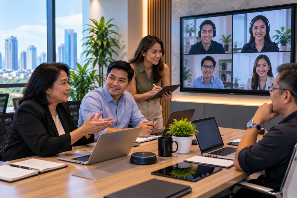 Research team on a video call with remote analysts shown on a wall screen in a conference room
