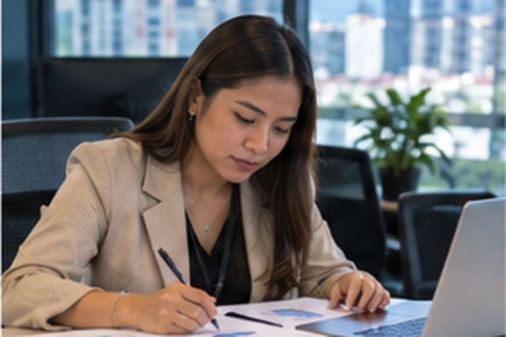 Analyst marking up printed research charts with a pen beside a laptop